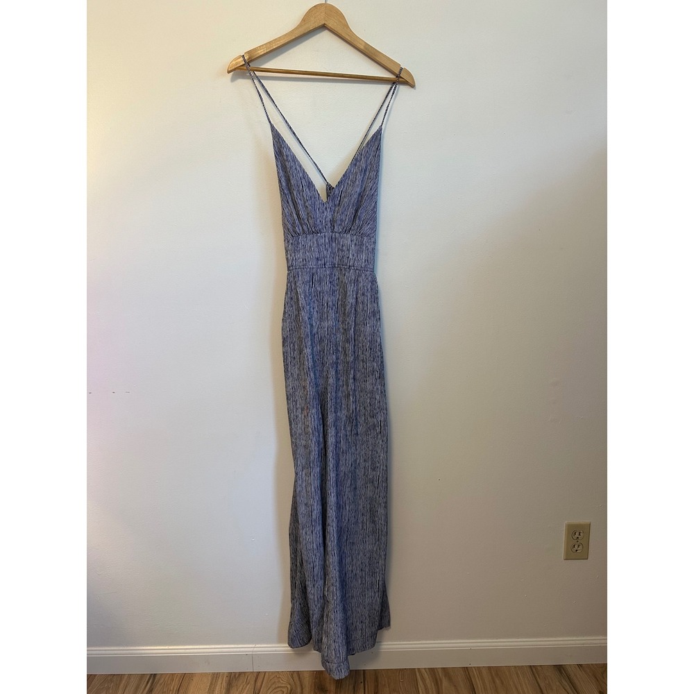VICI Navy Blue and White Striped Wide Leg Jumpsuit | Size Medium